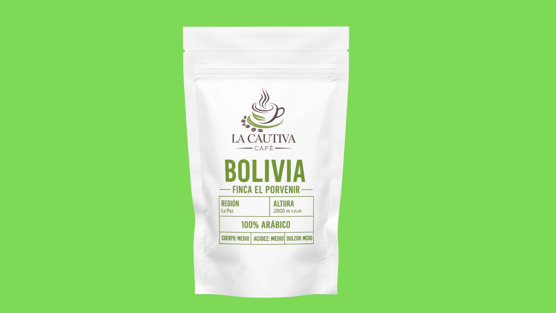 Bolsa de café blanca con la etiqueta 