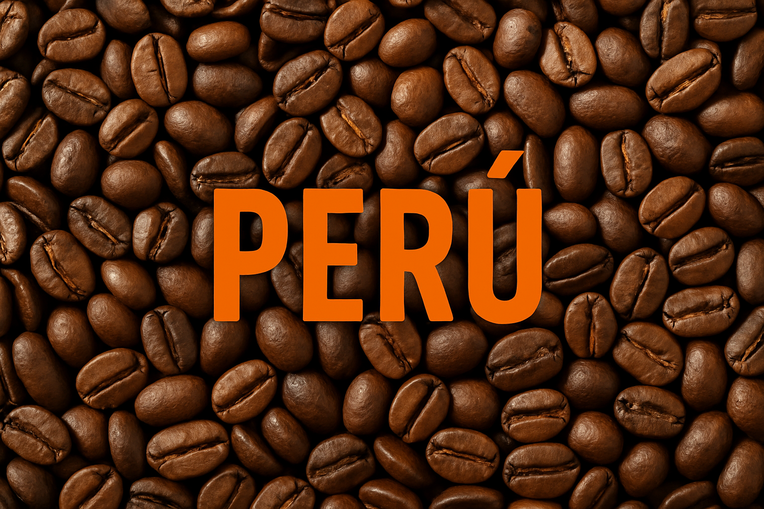 Granos de café tostados con la palabra PERÚ en naranja.