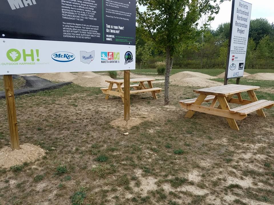 A picnic area with a sign that says oh