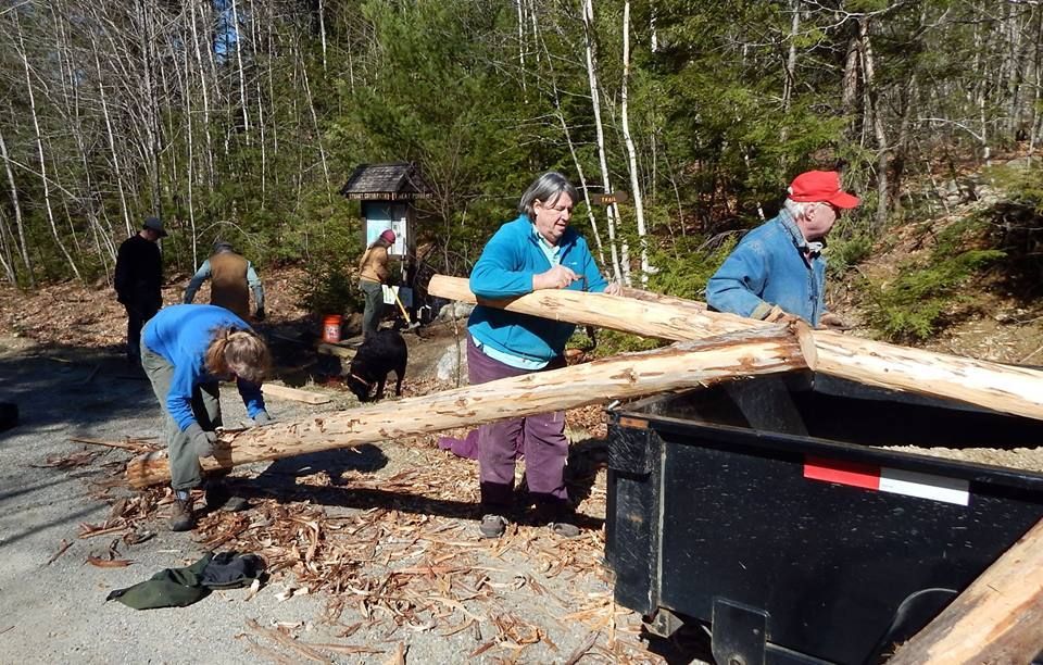A group of people are working on a wooden fence in the woods.