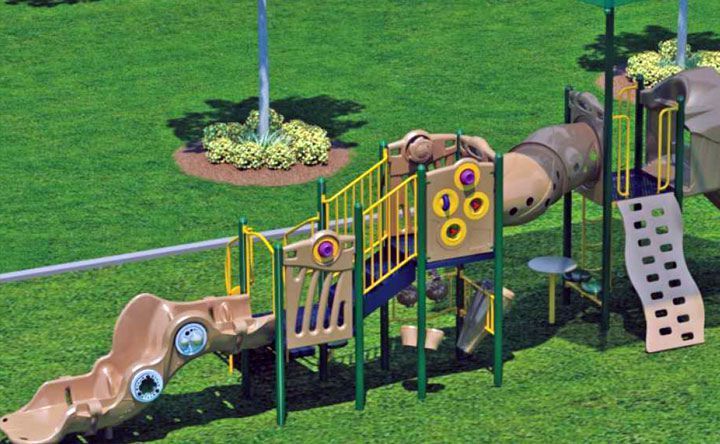 An aerial view of a playground set in a park