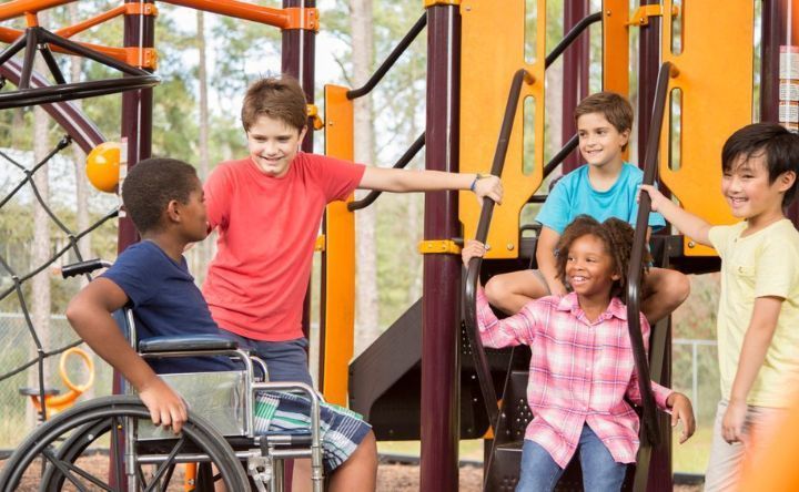 A group of children are playing in a playground with a boy in a wheelchair.