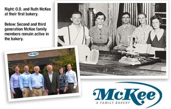 A group of people standing in front of a mckee bakery