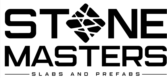 The logo for stone masters slabs and prefabs is black and white.