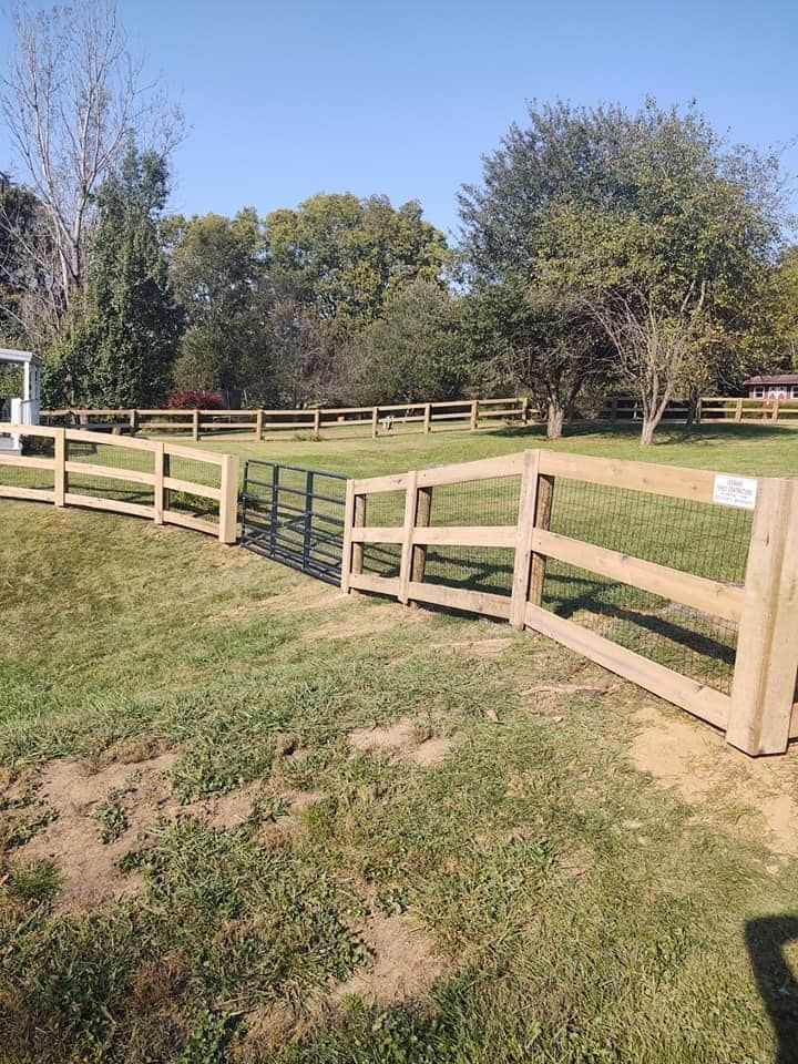 Wooden fence with a gate in a grassy field, trees in the background under a blue sky.