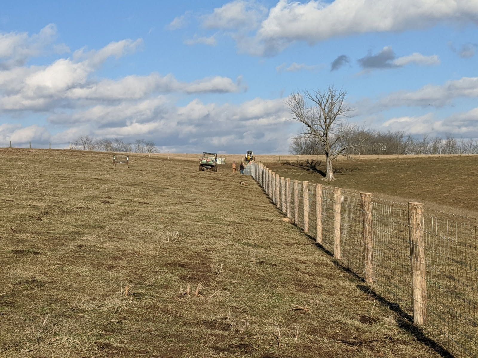 A person building a fence in a field on a sunny day.