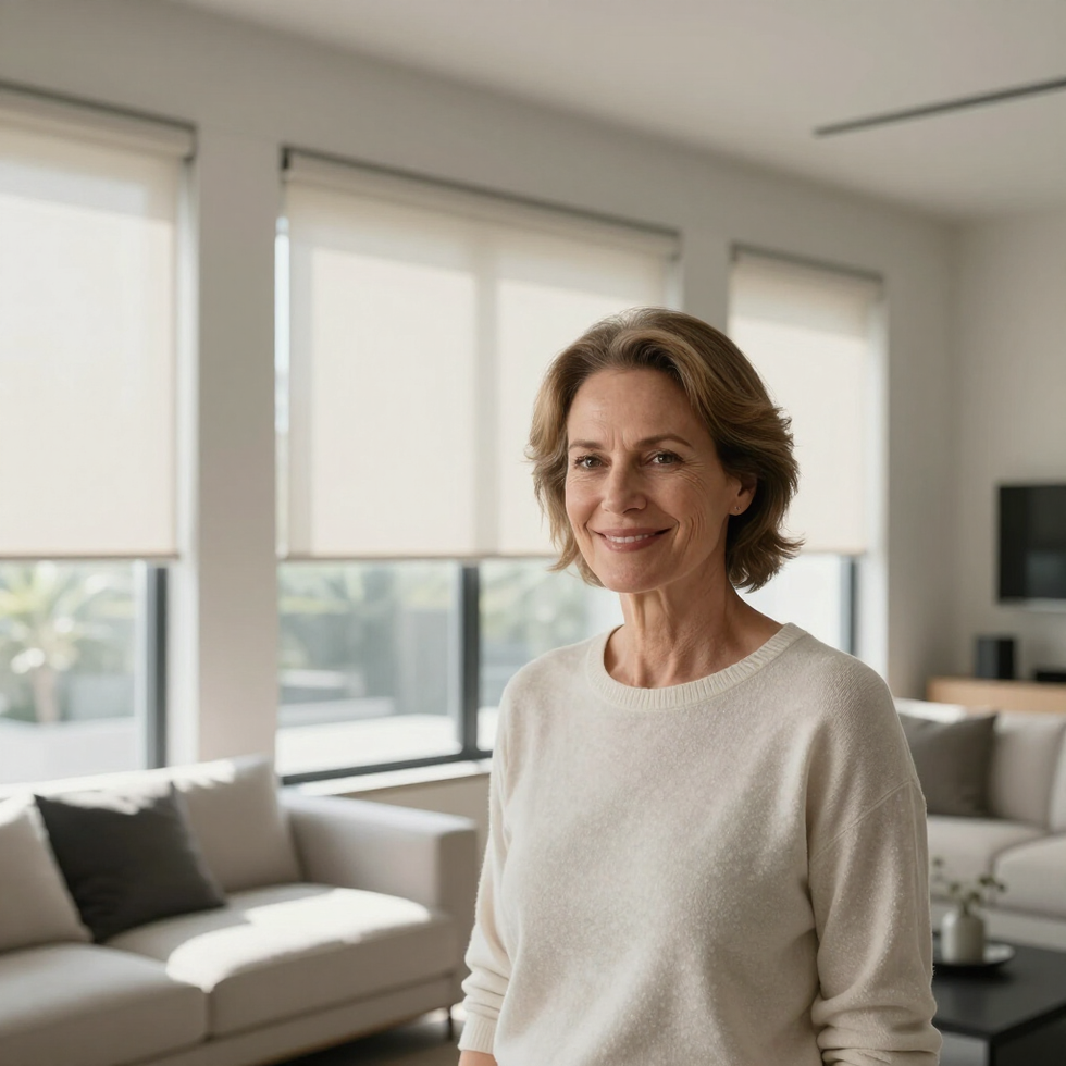 Una persona sonríe mientras está de pie en una sala de estar bien iluminada con muebles de colores