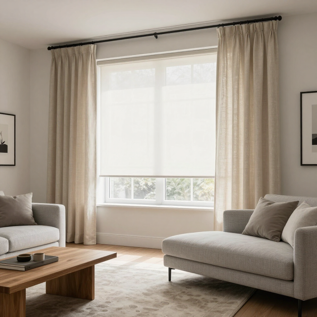 Una sala de estar con una ventana que cuenta con una persiana enrollable blanca y cortinas beige, flanqueada