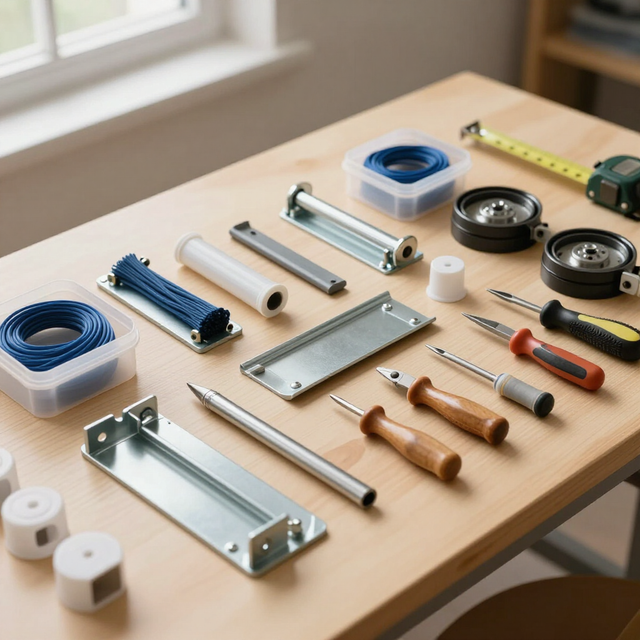 Diversas piezas metálicas, herramientas, carretes de alambre azul y una cinta métrica