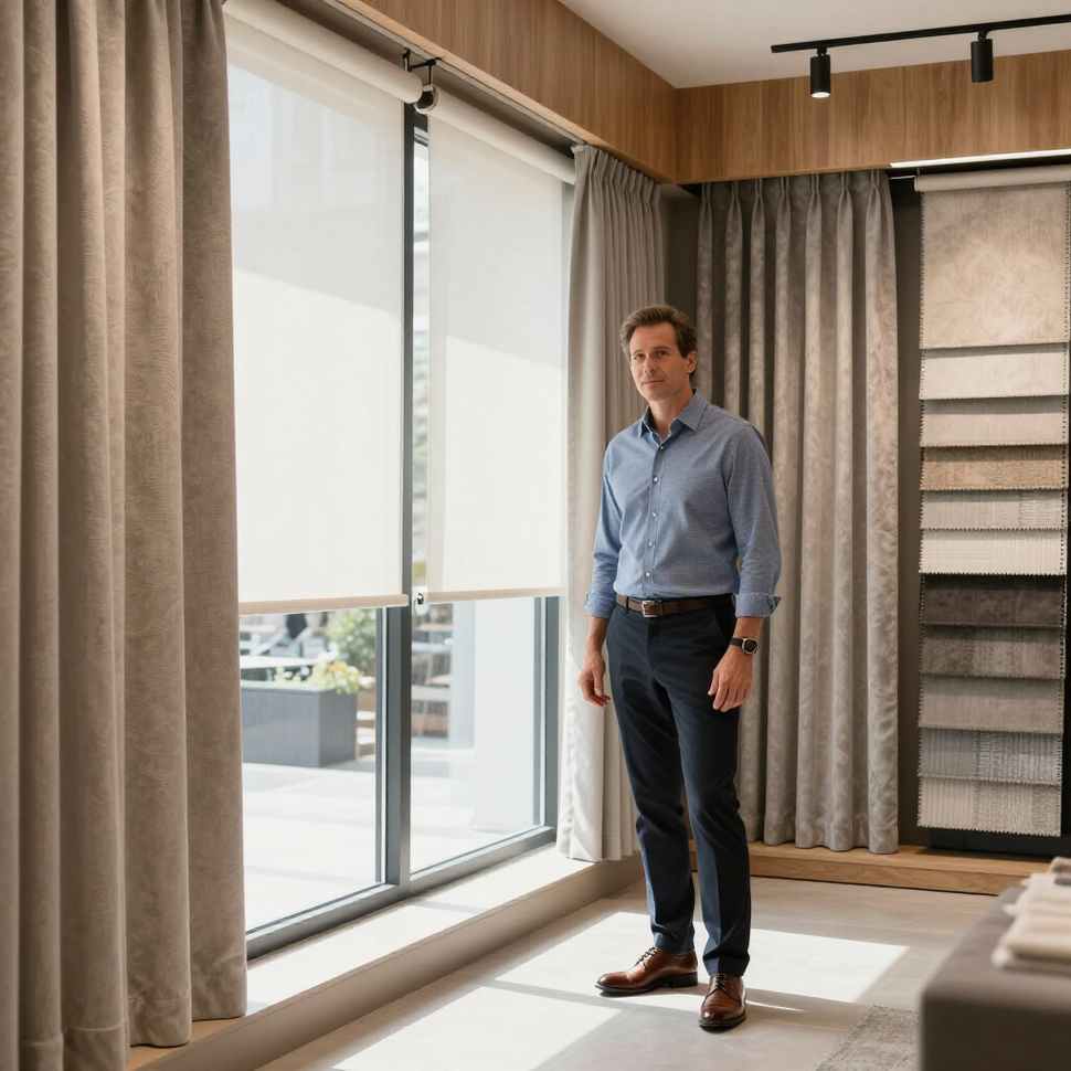 Una persona se encuentra en una sala de exposición con cortinas, estores y muestras de tela