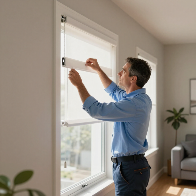 Una persona ajusta una persiana blanca de apertura superior e inferior en una sala de estar iluminada por el sol.