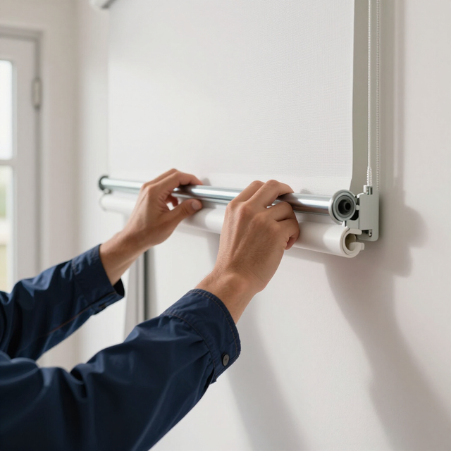 Manos instalando una persiana enrollable blanca en un soporte metálico en la pared.