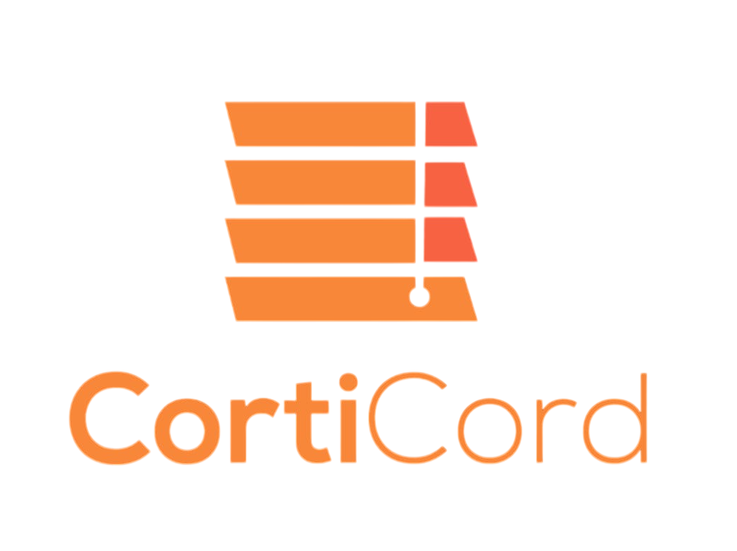 El logotipo de CortiCord presenta persianas estilizadas de color naranja y el nombre de la empresa en texto naranja.