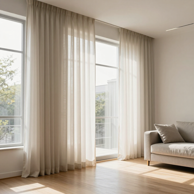 En un luminoso y moderno salón con suelo de madera y un sofá gris claro, cuelgan cortinas color crema