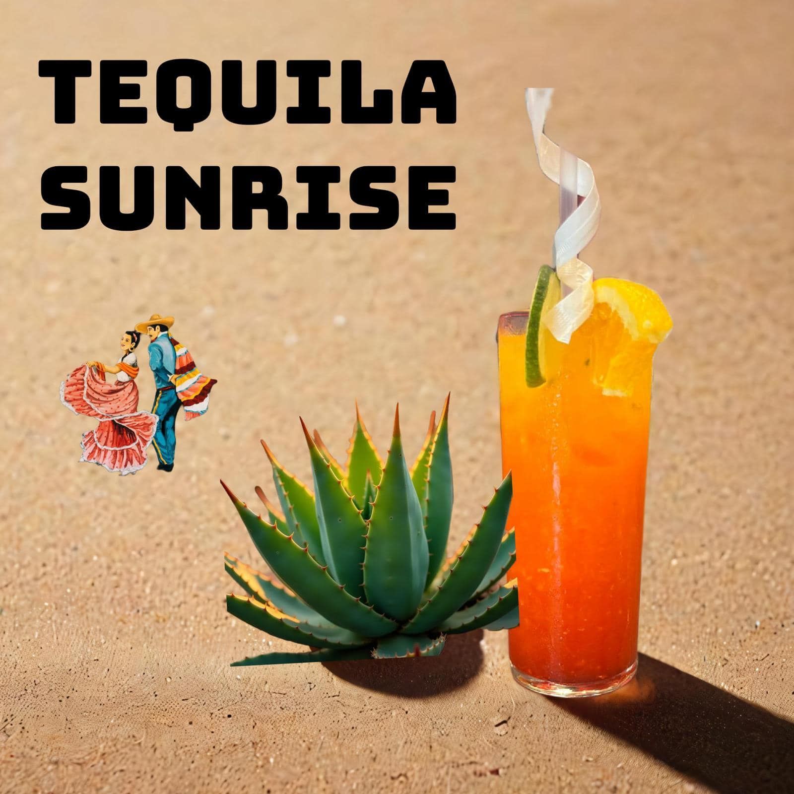 Tequila Sunrise cocktail in a glass, beside an agave plant and a drawing of a person.