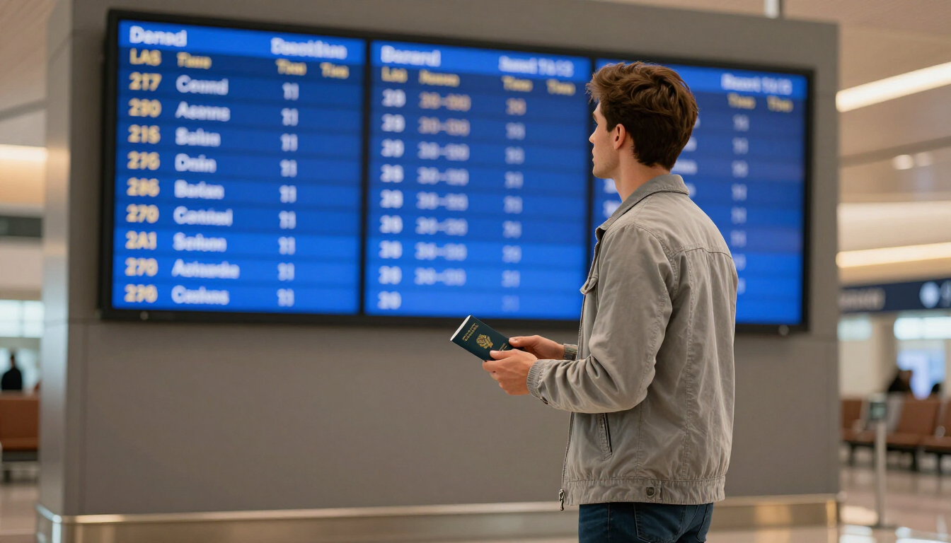Person holding a tablet in an airport terminal, facing a large blue departures board.