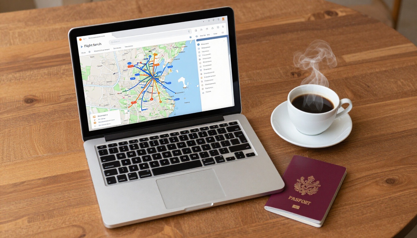 Laptop on wooden table showing a map, with coffee cup and passport nearby.