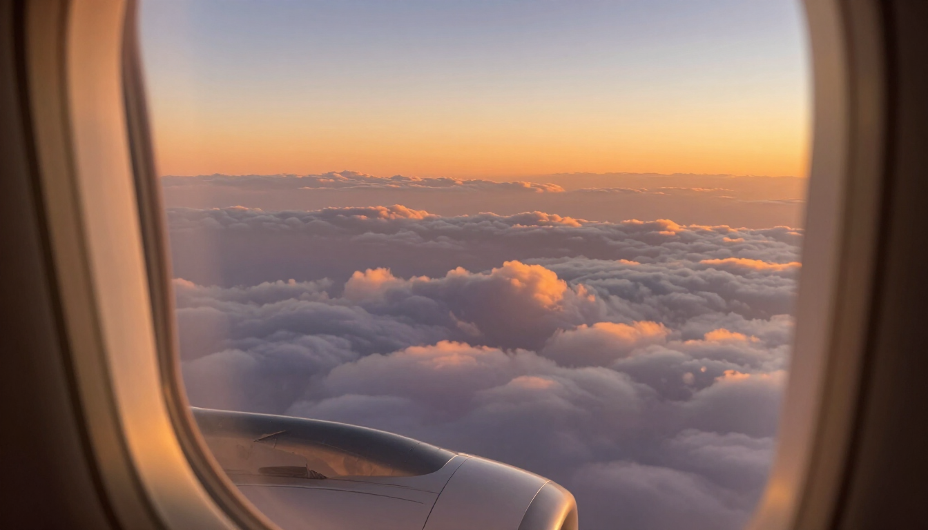 Airplane wing above clouds at sunset, seen through a window