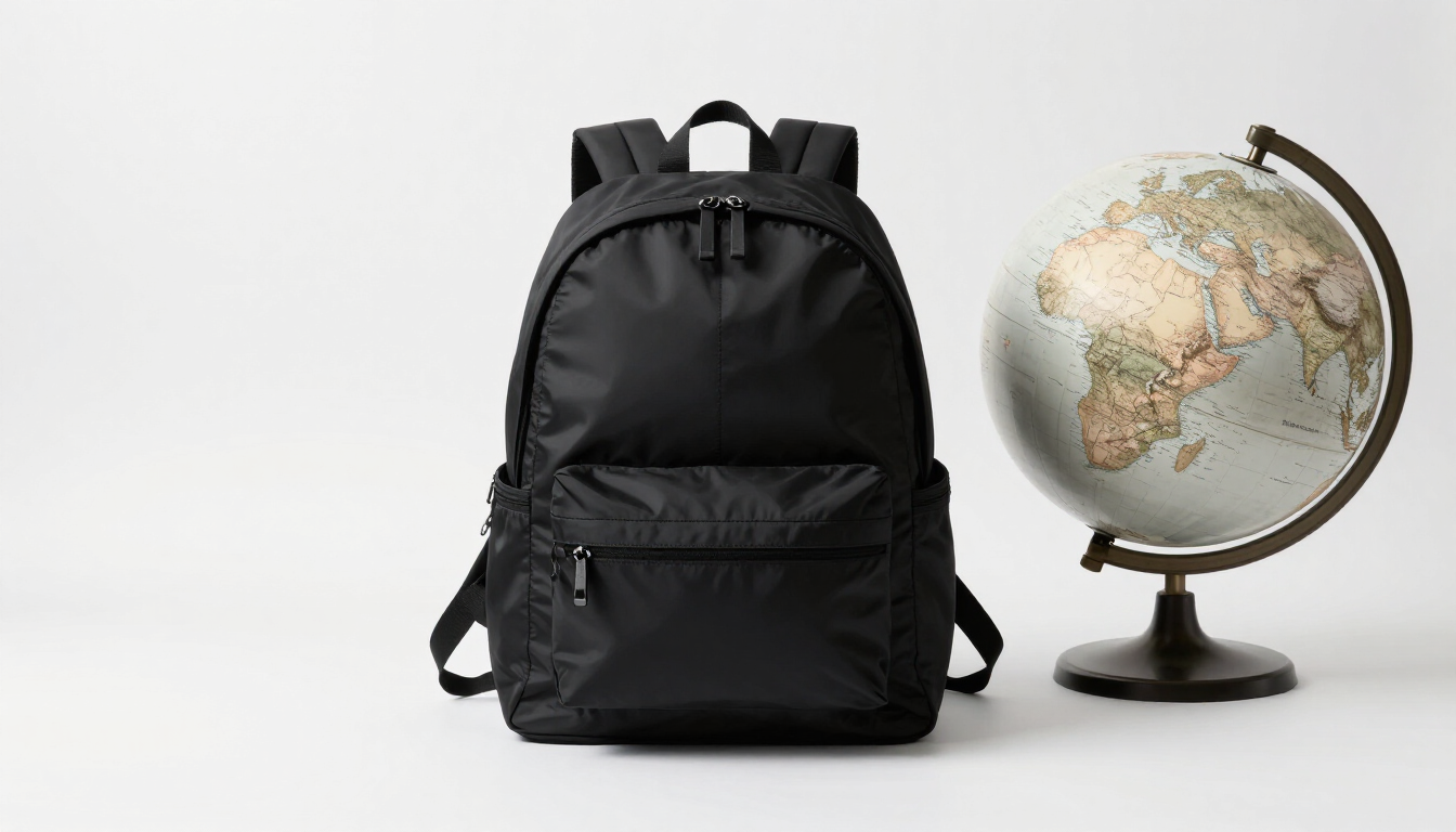 Black backpack beside a tabletop globe on a white background