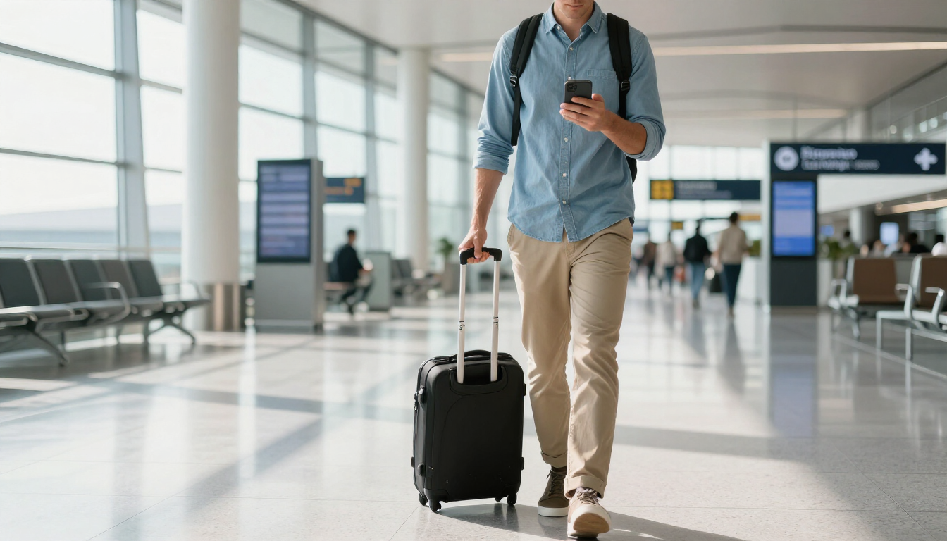 Traveler walking through an airport terminal with a rolling suitcase and backpack