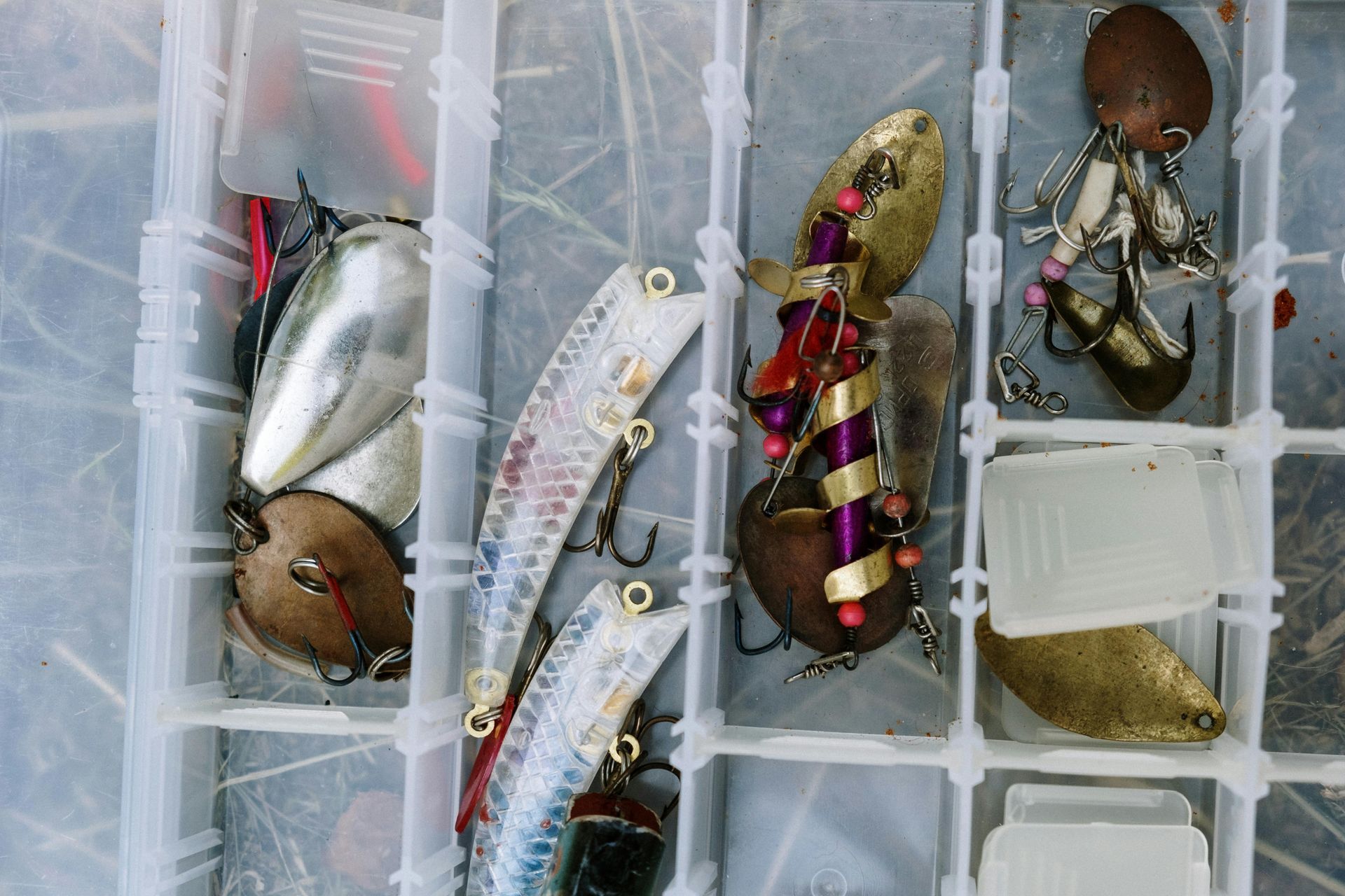Fishing lures in a tackle box, various colors and styles, close-up.