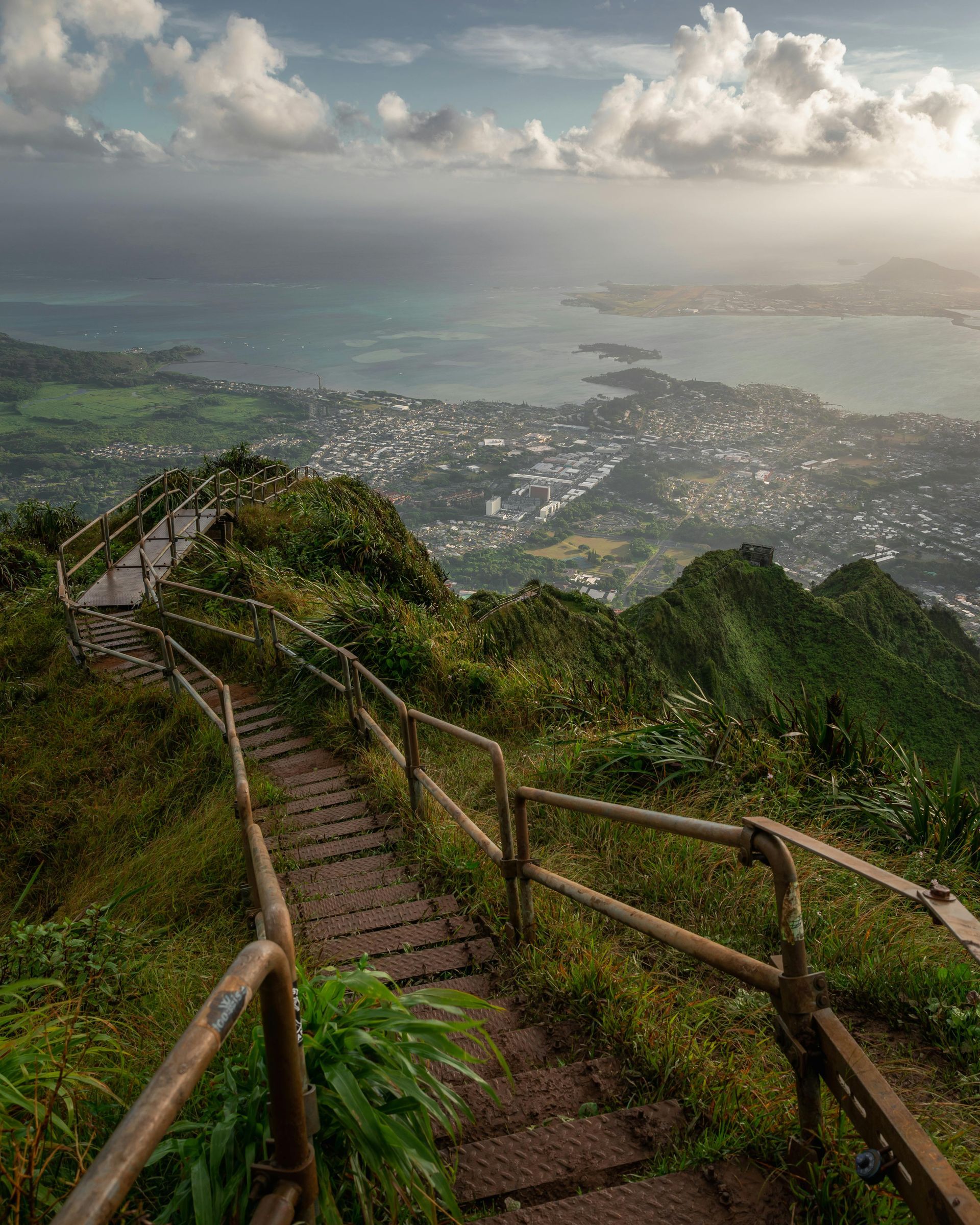 Stairway leading up a lush mountain with ocean and town views.