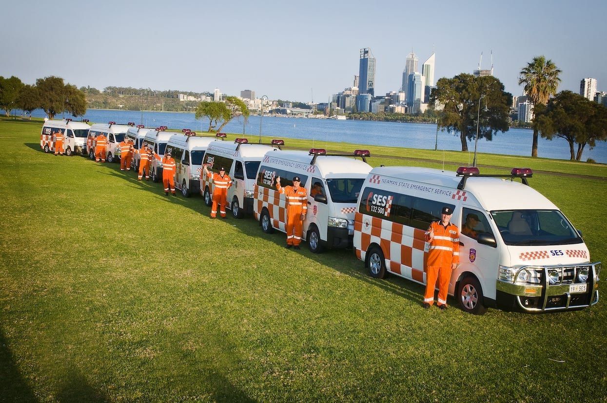 A row of ambulance vans are parked in a grassy field.