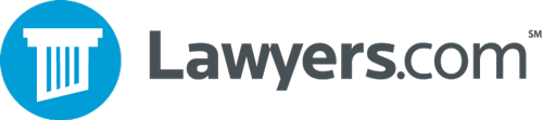 The logo for lawyers.com is a blue circle with a pillar in the middle.
