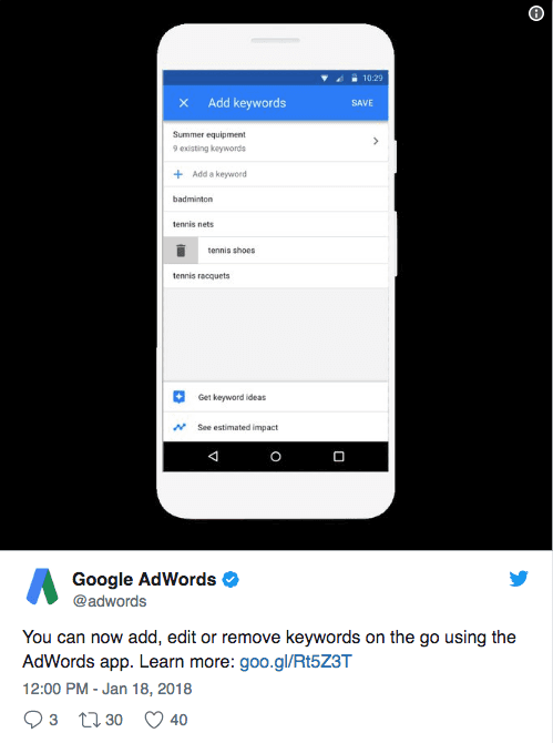 google adwords app update keywords