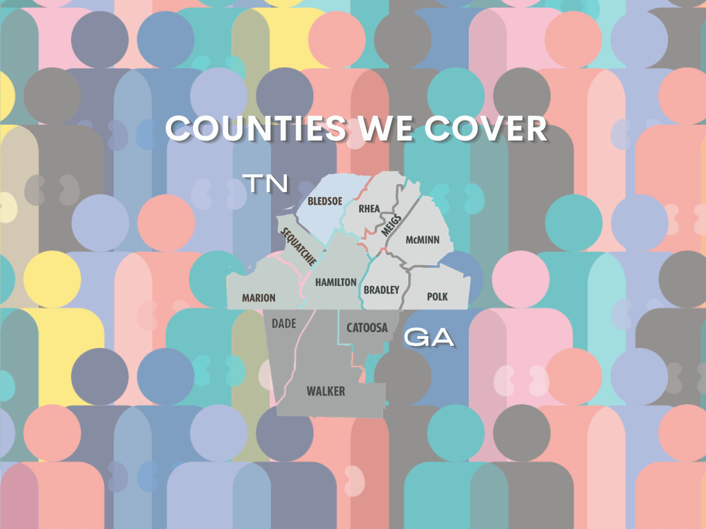 Graphic reading “Counties We Cover” over a map of Tennessee and Georgia on a pastel patterned background.