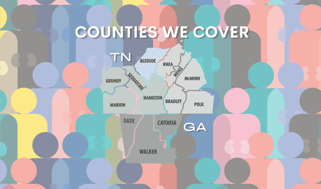 Graphic reading “Counties We Cover” over a map of Tennessee and Georgia on a pastel patterned background.