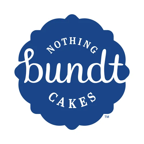 Blue Nothing Bundt Cakes logo with white script text and decorative scalloped border
