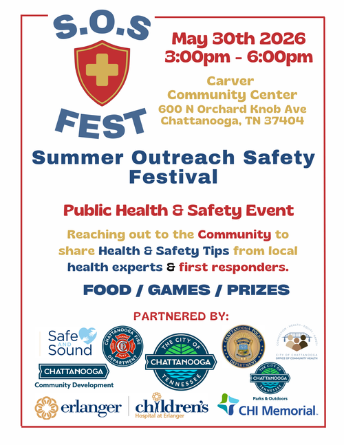 S.O.S Fest poster for Carver Center, May 30 2026, with public health info, food, games, prizes