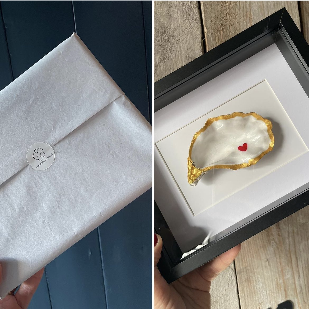 Oester
Handmade
In houten lijstje
hartje