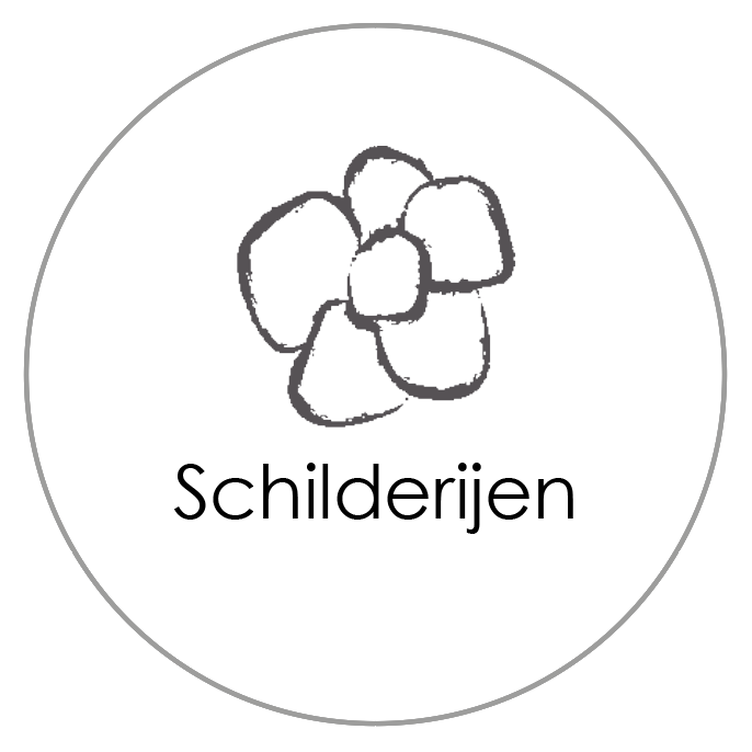 Rond grijs pictogram met een gestileerde bloemtekening en de tekst 