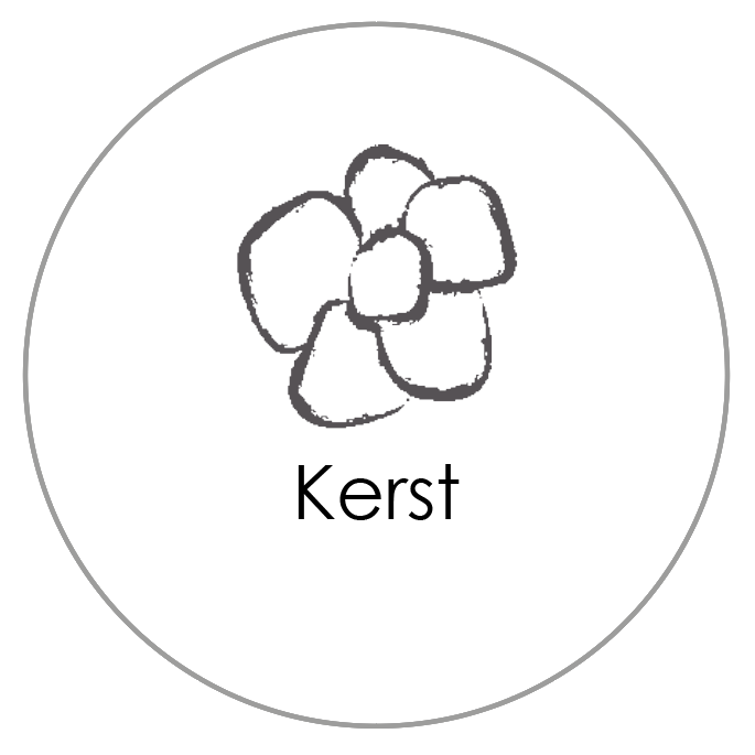 Rond grijs pictogram met een gestileerde bloemtekening en de tekst 