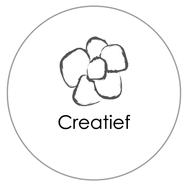 Rond grijs pictogram met een gestileerde bloemtekening en de tekst 