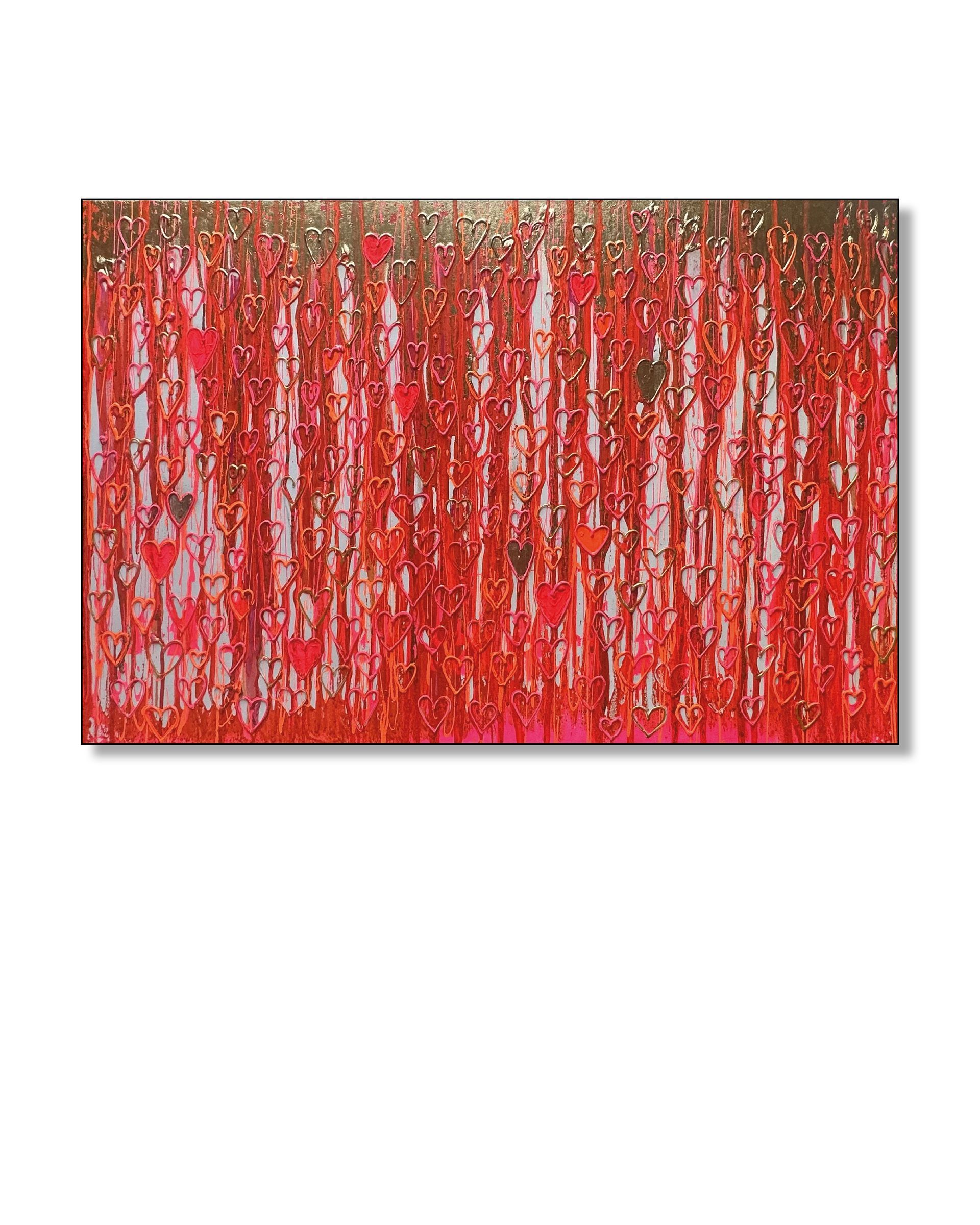 Abstract schilderij: Rode verticale lijnen met hartvormen, goud aan de bovenkant.