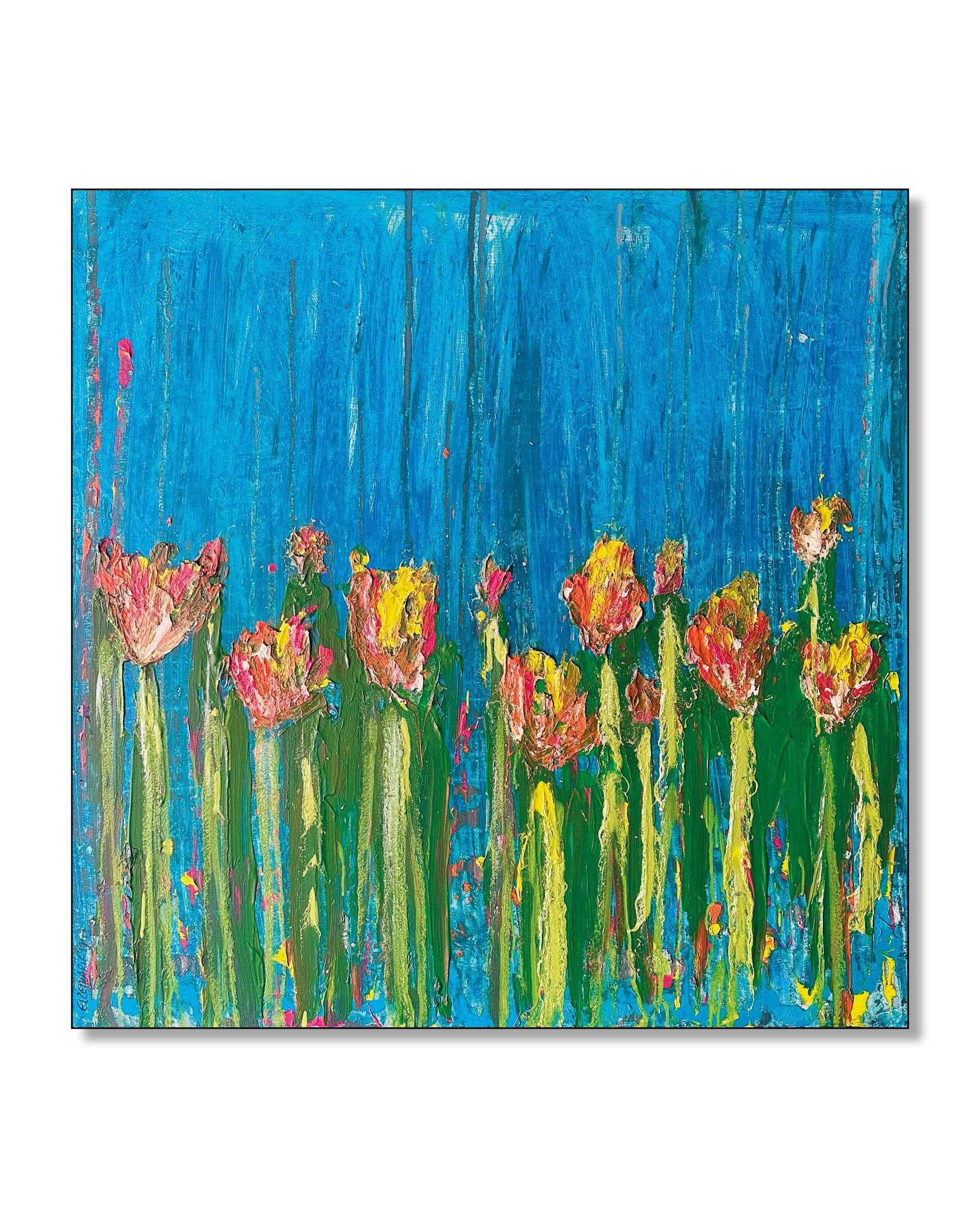 Kleurrijk schilderij van tulpen met een blauwe achtergrond.