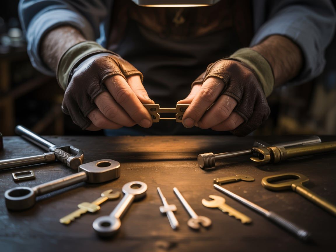A craftsman's hands working with metal keys and tools on a dimly lit workbench.