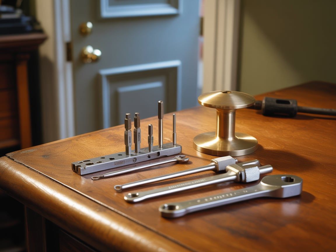 Tools on a wooden table: drill bits, spanner, wrench, and a brass spool, in a room.