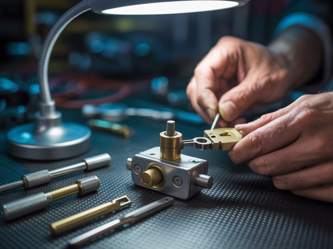 Hands working on small metal parts under a lamp, tools on a textured surface.