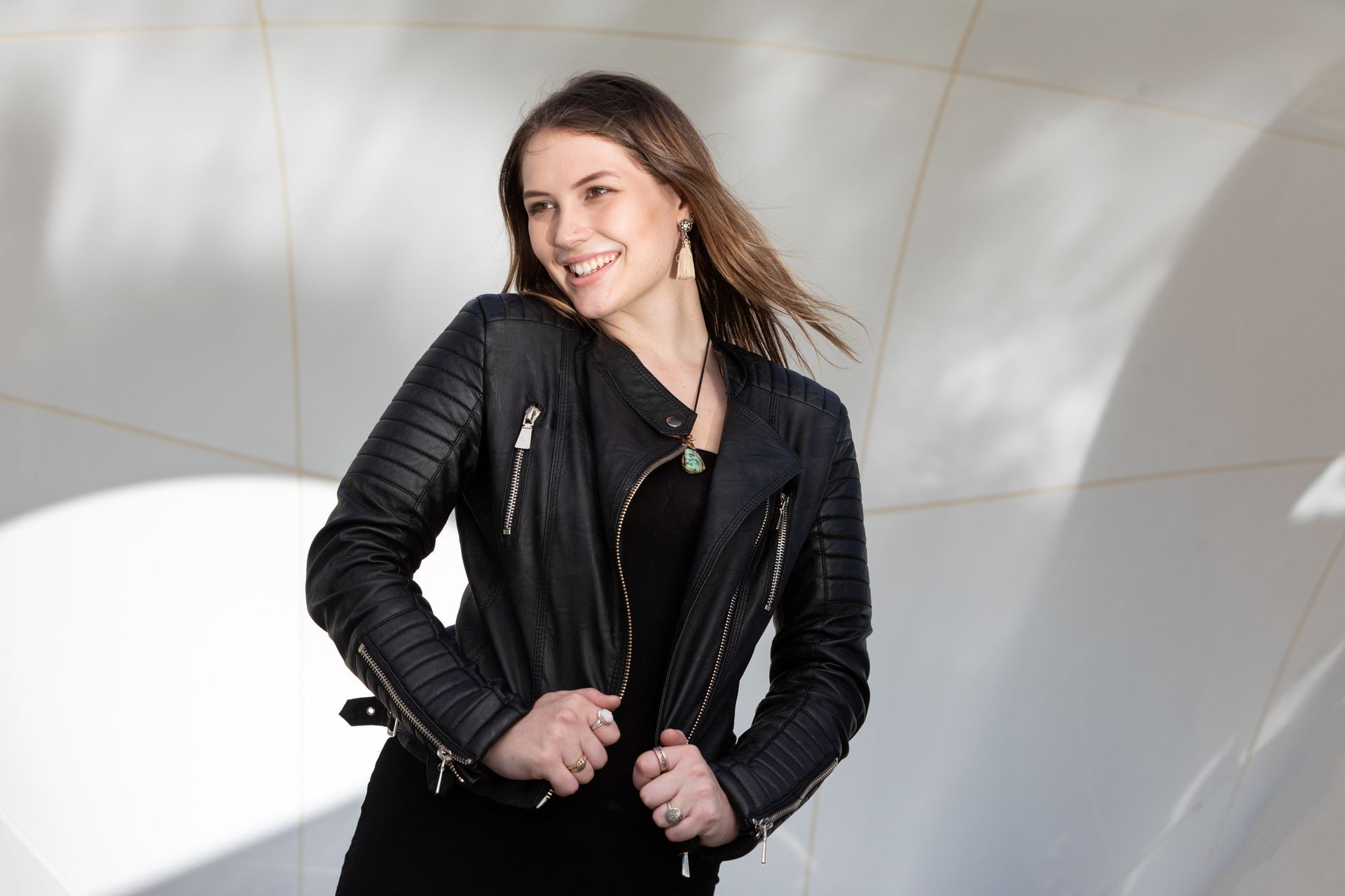 Lady Wearing Black Leather Jacket — Wentworthville, NSW — Avesta Tailoring