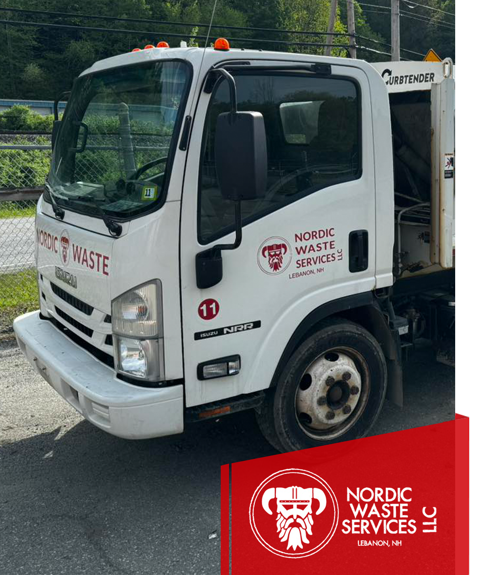 White Nordic Waste Services garbage truck on a road with logo.