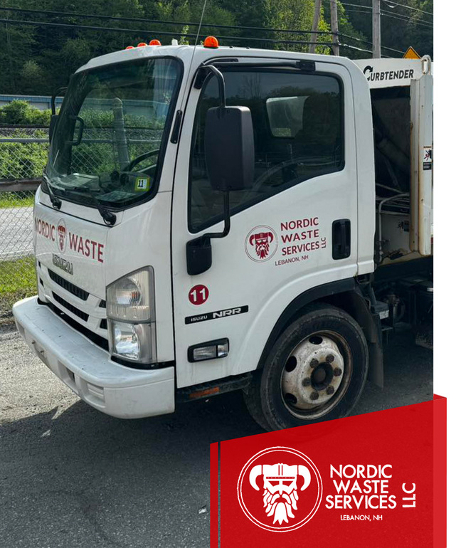 White Nordic Waste Services garbage truck on a road with logo.