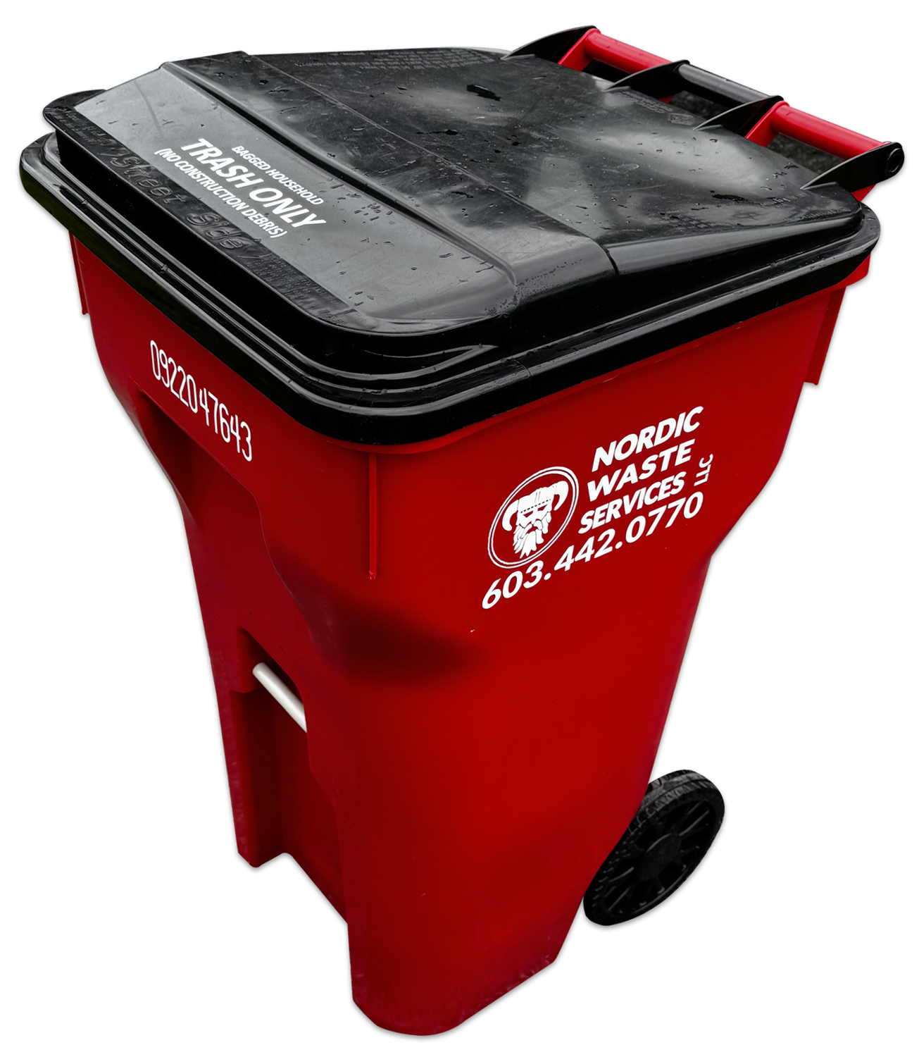 Red trash bin with black lid and wheels, labeled 