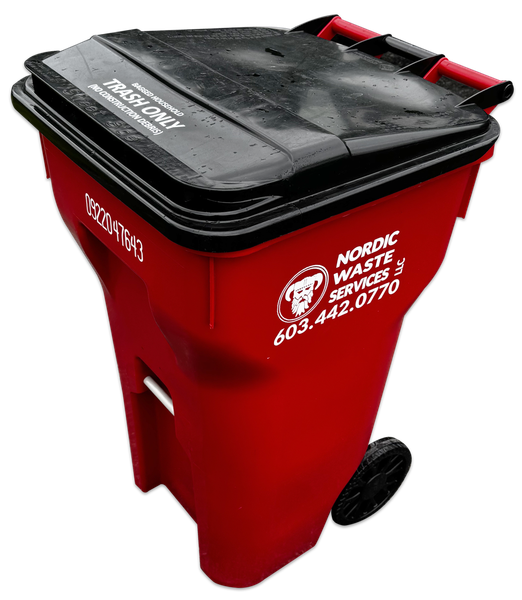 Red trash bin with black lid and wheels, labeled