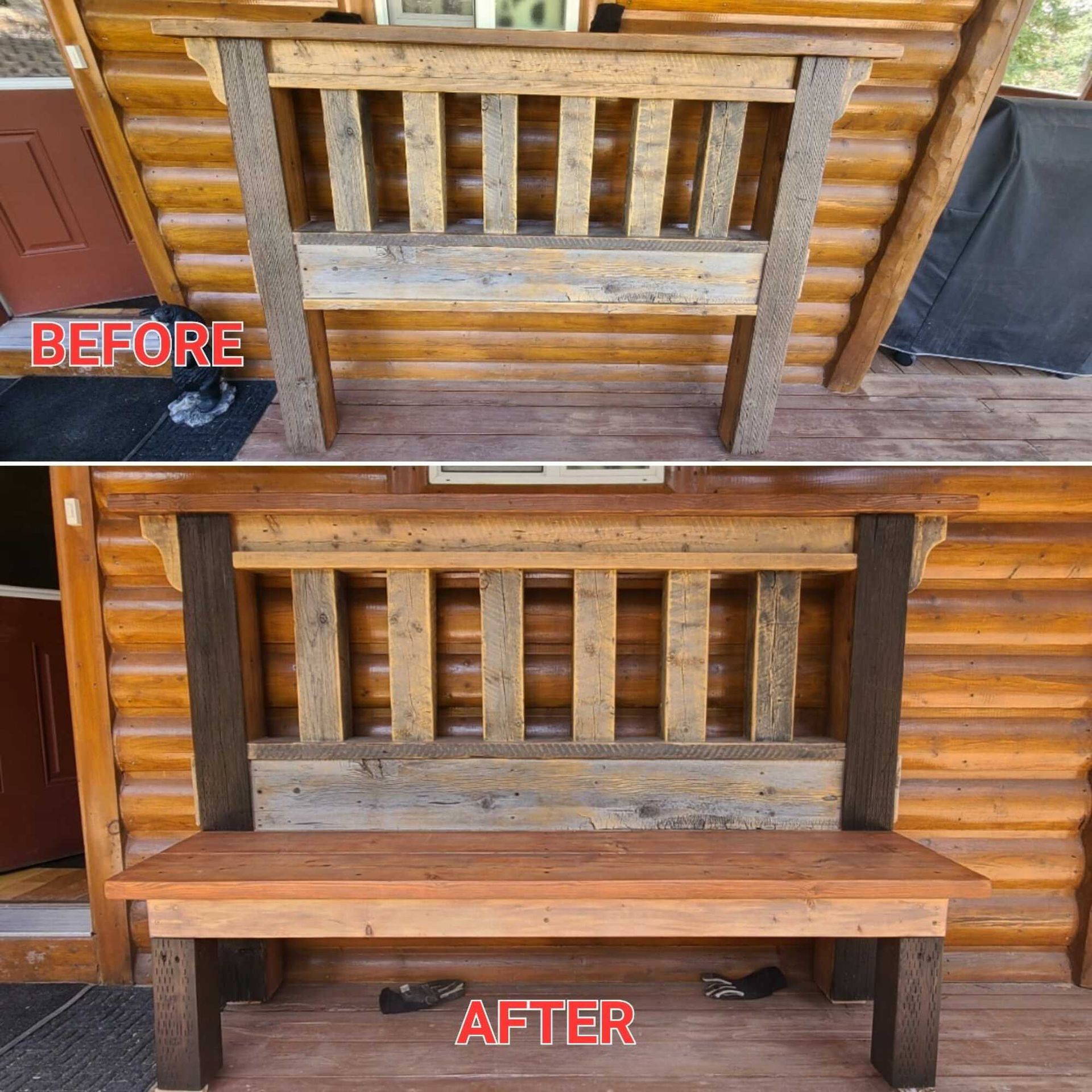 A before and after photo of a wooden bench in front of a log cabin.