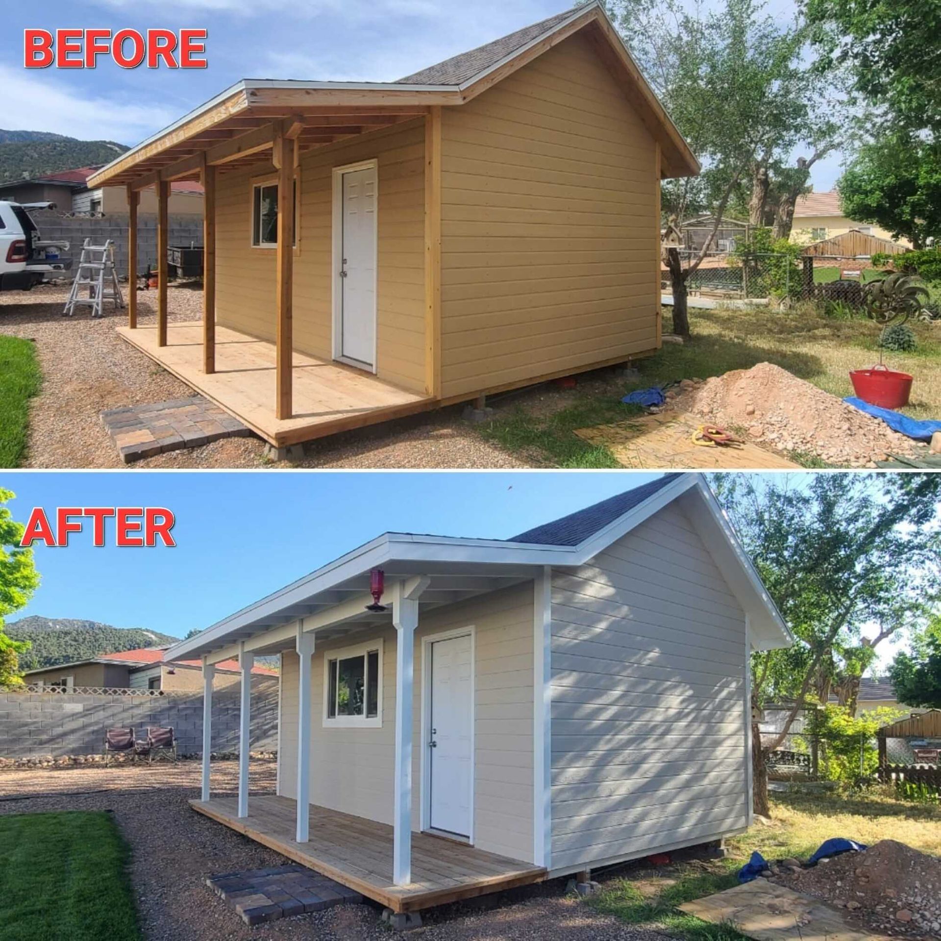 A before and after picture of a shed with a porch