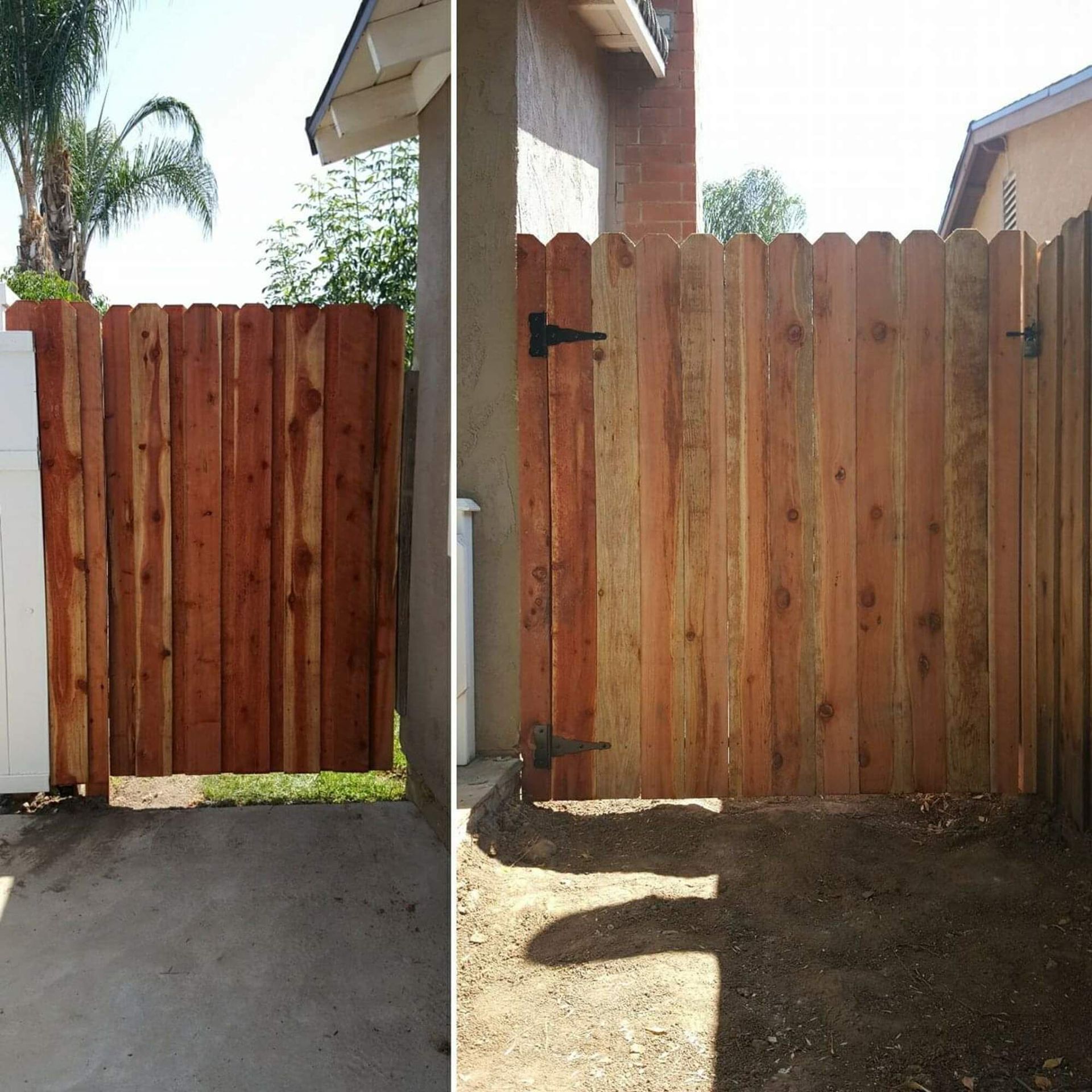 A before and after picture of a wooden fence